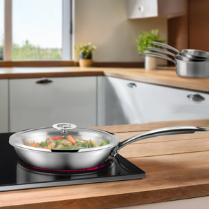 Gourmet – Lot de 3 casseroles inox 16/18/20 cm, 1 poêle inox 24 cm, 1 couvercle 24 cm