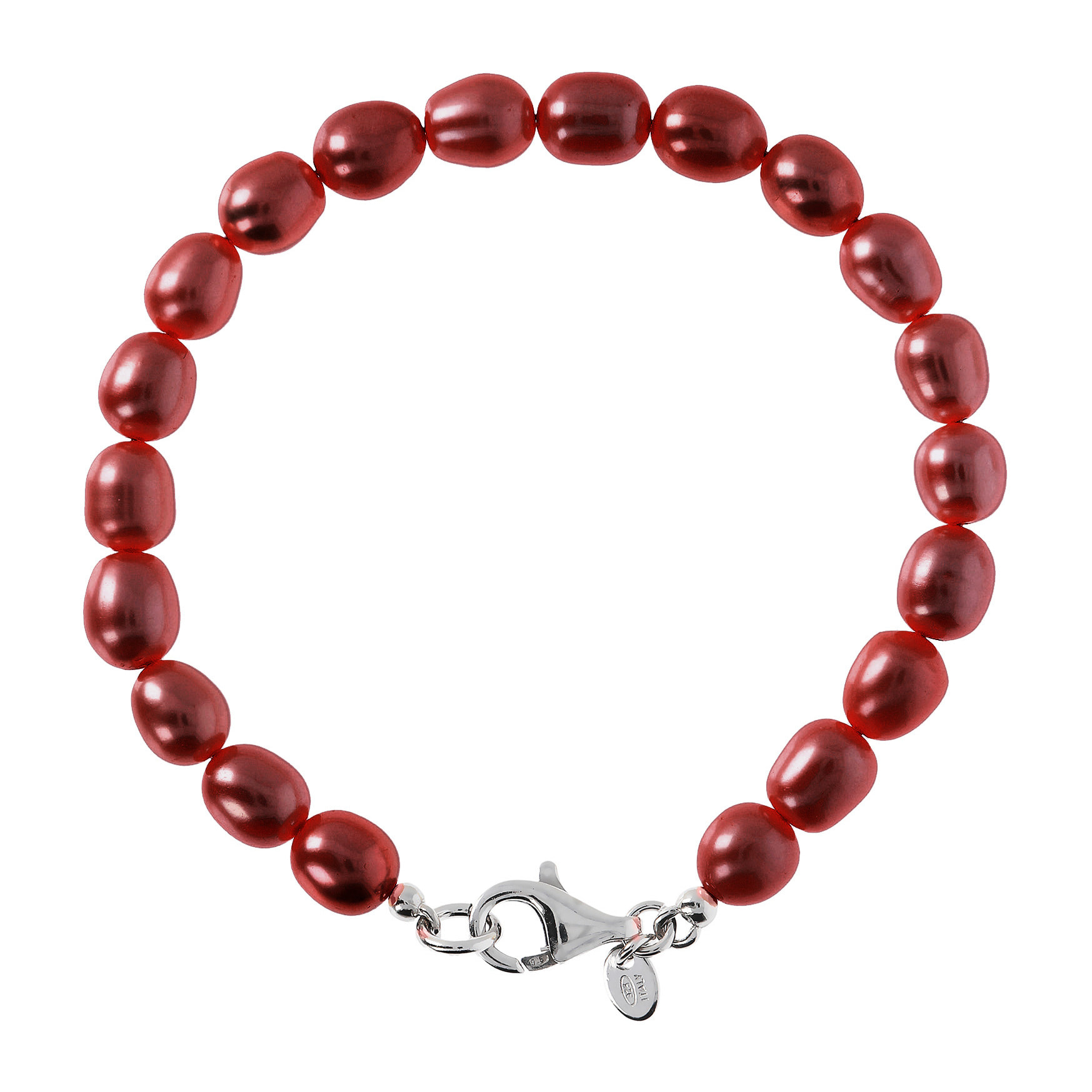 PERLAVIVA - Bracciale in Argento 925 placcato Oro Bianco 18Kt con Perle d'Acqua Dolce Rosse Ø 7/7.5 mm