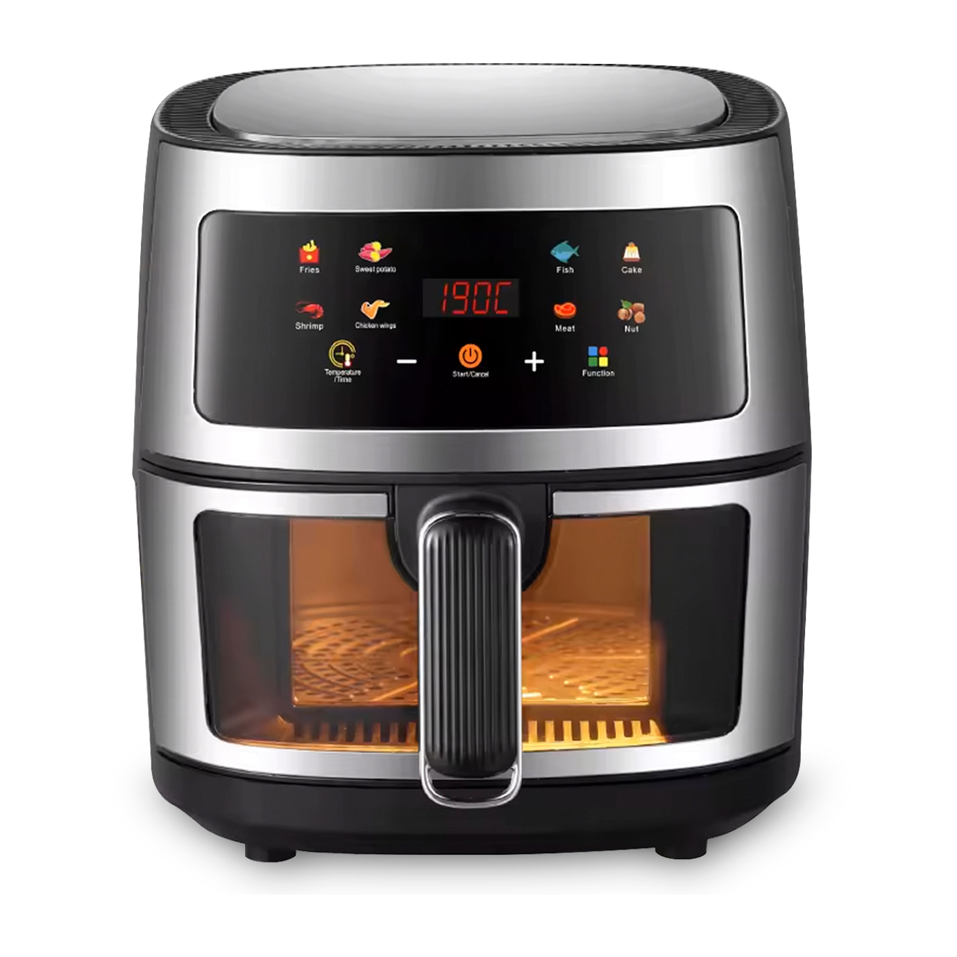 Freidora de aire 8L, 1400W con ventana de visualización. Panel táctil, programas de cocinado y modos manuales, calentamiento 3D, rejilla antiadherente.Estructura acero inox. EMBALAJE DETERIORADO.