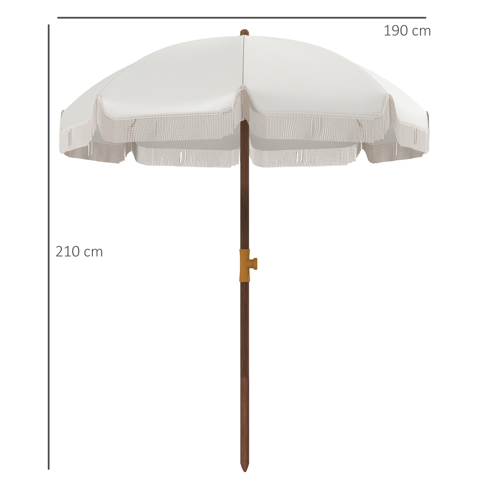 Sombrilla de Playa con Flecos Ø190x210 cm Parasol para Terraza con 8 Varillas Apertura Manual Anti-UV Impermeable y Bolsa de Transporte para Jardín Piscina Crema