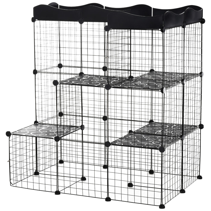 Cage parc enclos chat modulable dim. L105 x l70 x H105 cm 3 niveaux 2 portes rampe plateformes PE motif graphique fil métallique noir