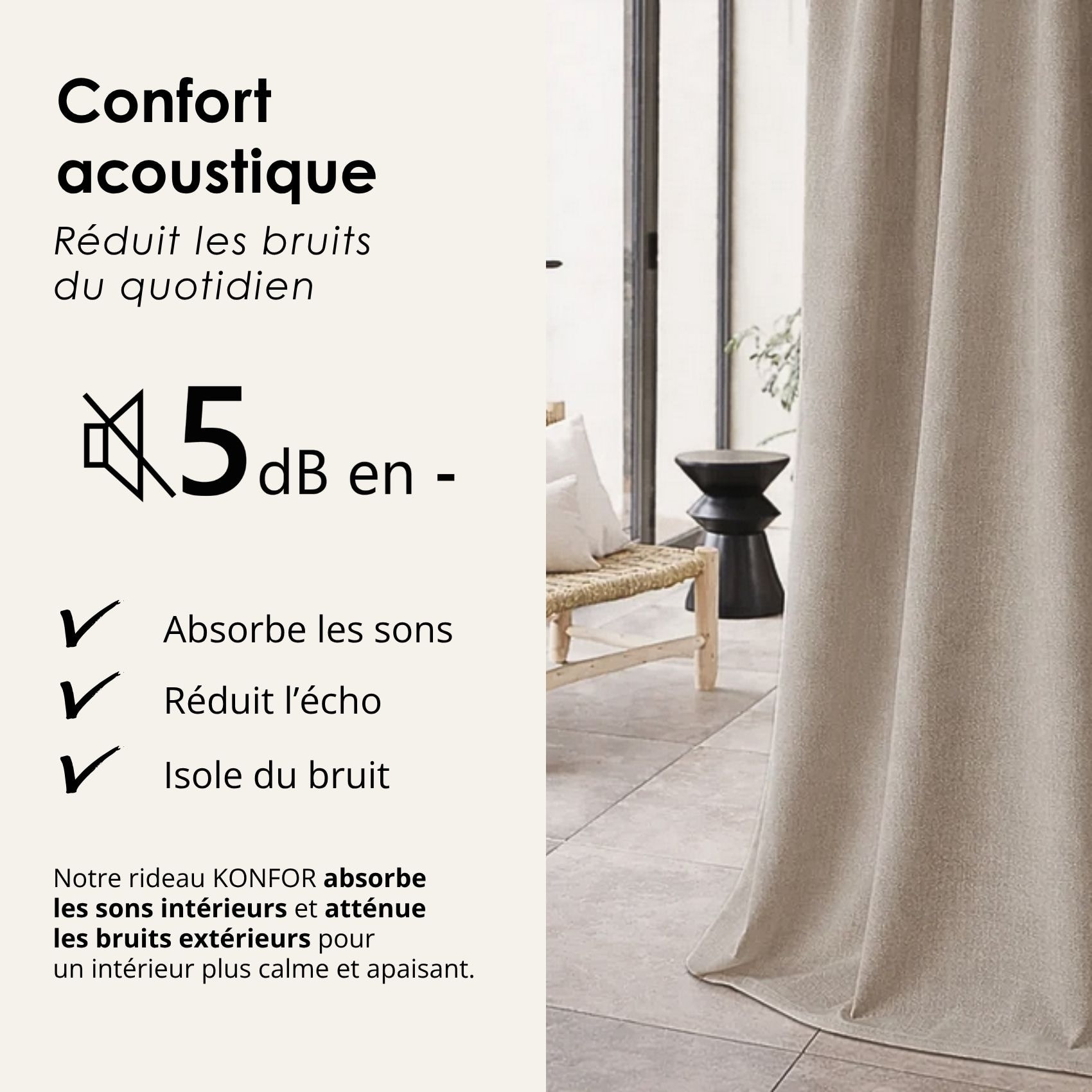 Rideau thermique phonique et semi occultant à galons fronceurs KONFOR - Beige