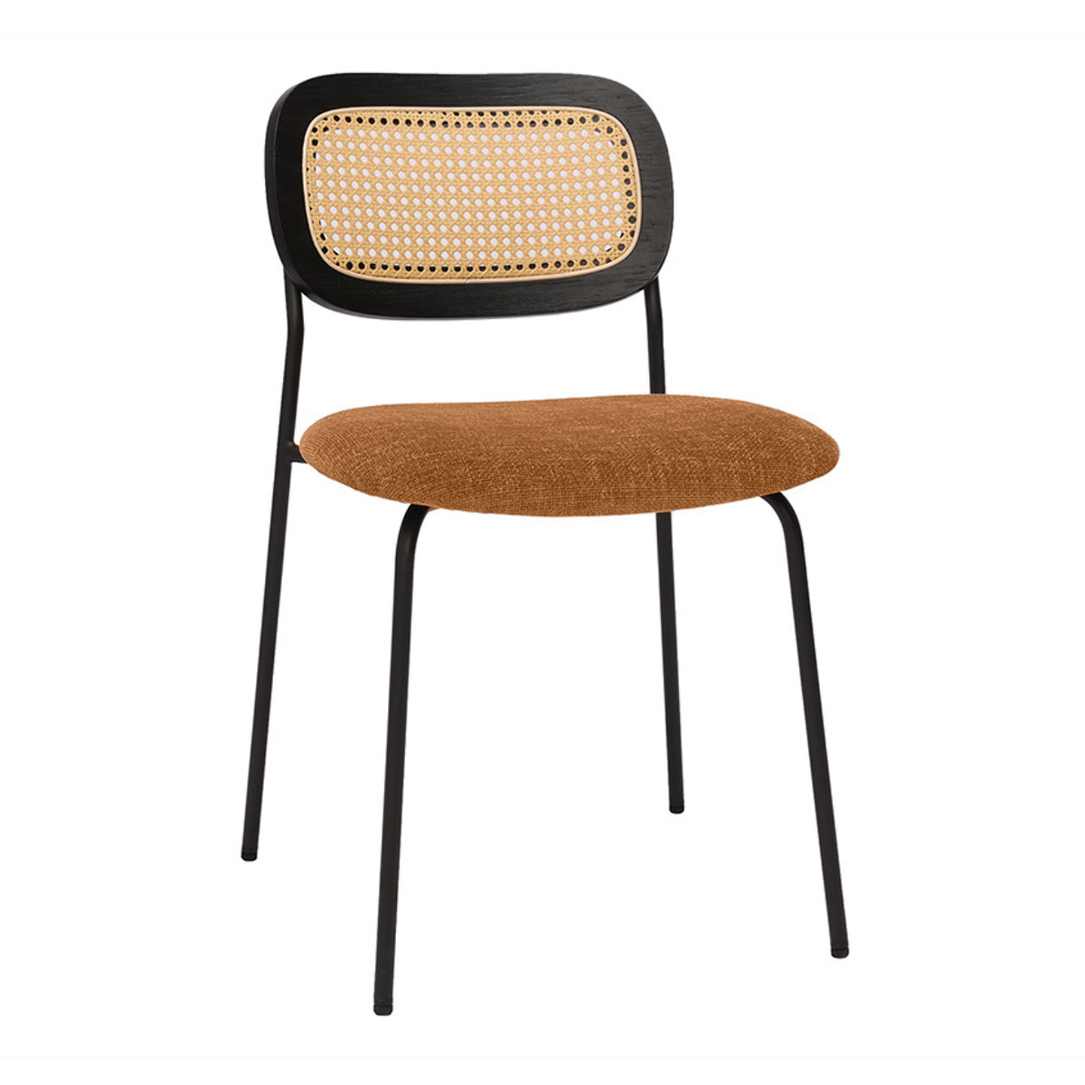 Chaises design en tissu effet velours texturé terre brulée, métal noir et cannage rotin (lot de 2) MIRANDA