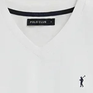 Camiseta blanca de cuello pico con logo Rigby Go