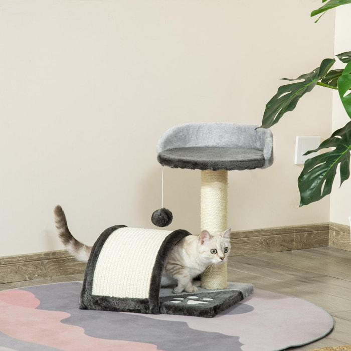 Arbre à chat griffoir grattoir design jeu boule suspendue + plateforme peluche sisal naturel gris