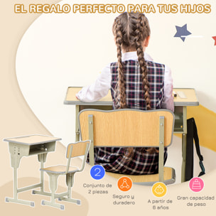 Juego de Escritorio y Silla para Niños de +6 Años Pupitre Infantil Altura Ajustable Escritorio Infantil con Cajón y Gancho Natural