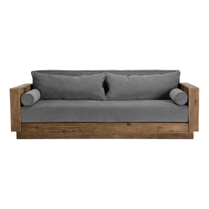 SANDY - Canapé 3 places bois Pin recyclé marron tissu gris