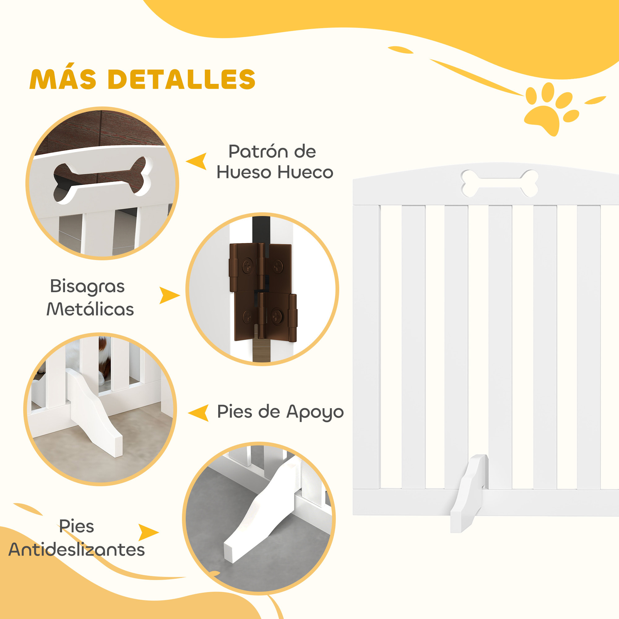 Barrera de Seguridad para Perros Plegable 155 cm, Valla para Perros Pequeños y Medianos de 3 Paneles con Pies Extraíbles, Puerta de Seguridad para Mascotas, para Escalera, Pasillo, Blanco