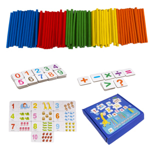 Juego matemático educativo. Juego de parejas de números y animales, símbolos matemáticos y palitos de madera para realizar operaciones.