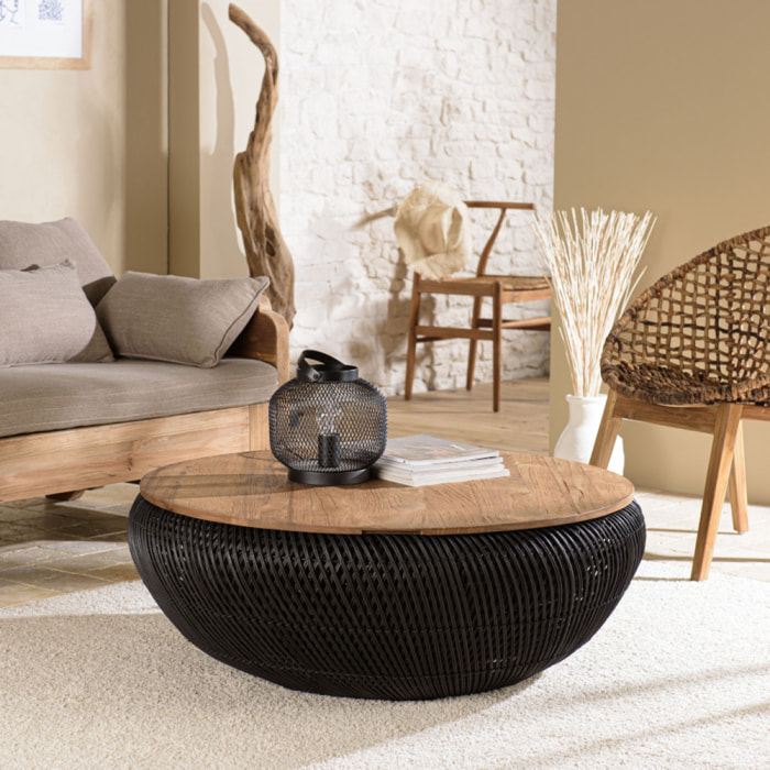 ALIDA - Table basse ronde 100x100cm en rotin noir plateau amovible