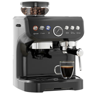 HOMCOM Cafetera Espresso 15 Bares 1600W con Molinillo de 15 Niveles, Vaporizador de Leche, Depósito Agua 2L y Grano 150g, 1 o 2 Tazas, Calientatazas, para Capuchino y Latte, Acero Inoxidable, Negro