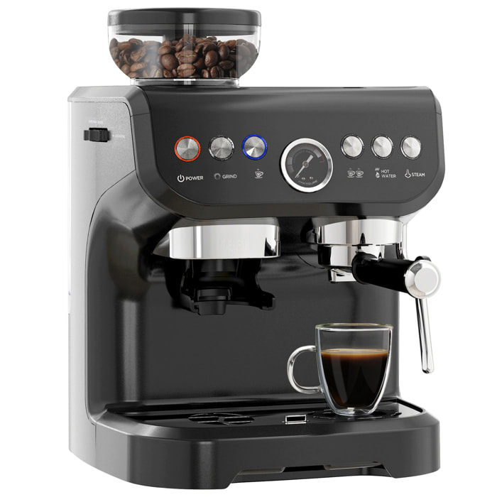 HOMCOM Cafetera Espresso 15 Bares 1600W con Molinillo de 15 Niveles, Vaporizador de Leche, Depósito Agua 2L y Grano 150g, 1 o 2 Tazas, Calientatazas, para Capuchino y Latte, Acero Inoxidable, Negro