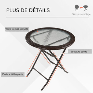 Table ronde bistro de jardin pliable dim. Ø 68 x 73H cm métal époxy résine tressée chocolat plateau verre trempé