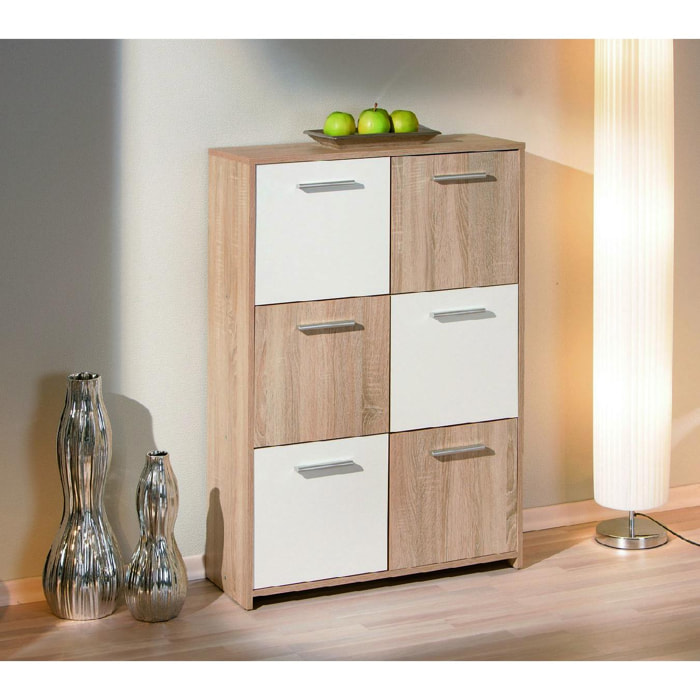 Credenza a sei antine, colore bianco e rovere, Misure 77 x 115 x 30 cm