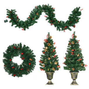 Lot de 4 pièces - décorations de Noël lumineuses LED - couronne, guirlande, 2 sapins avec pots et accessoires - vert