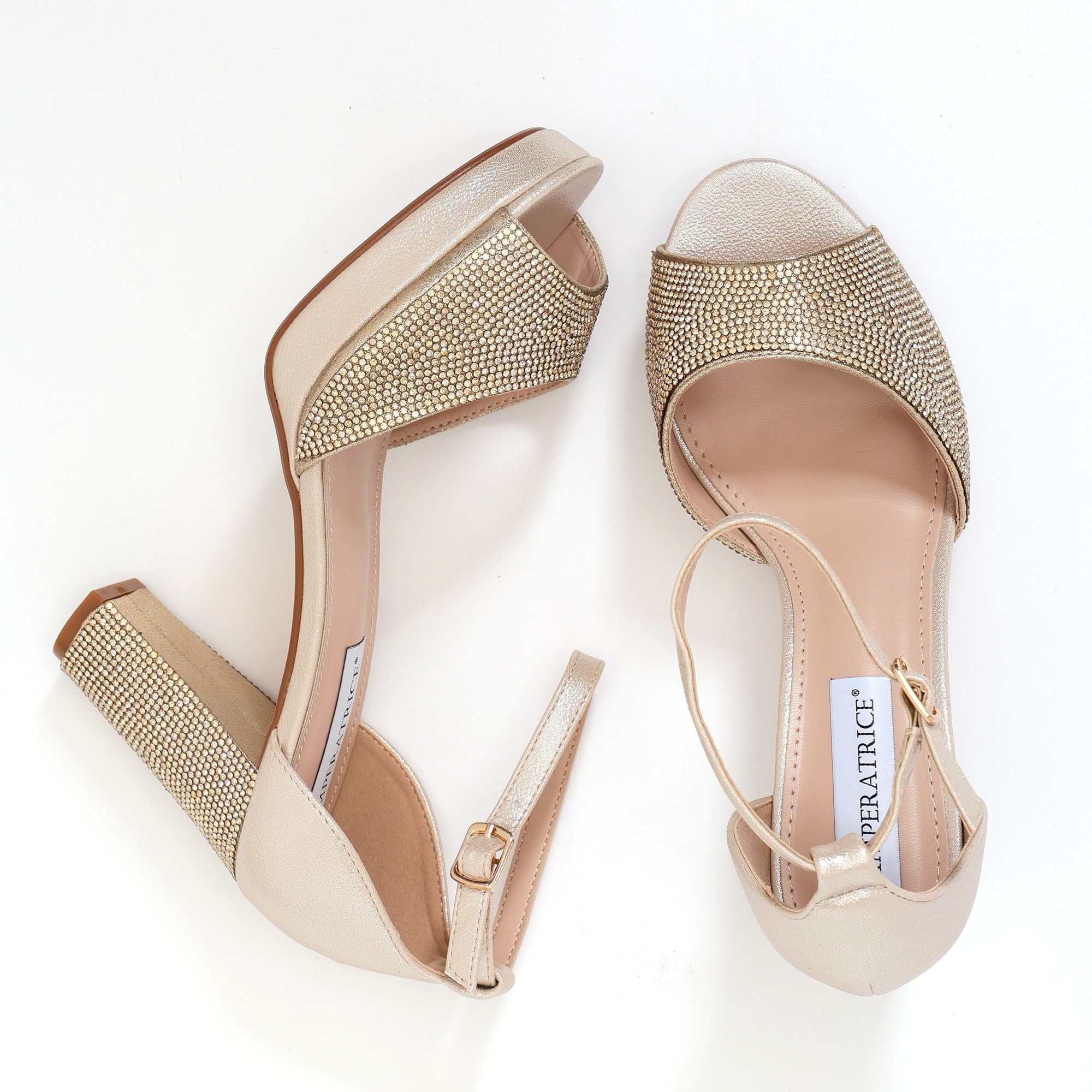 Sandali in simil pelle con tacco alto comodo ricoperti di strass