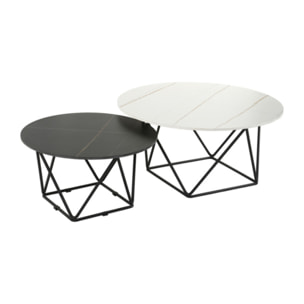 Set de 2 tables basses rondes noir et blanc céramique marbré - BRUNA