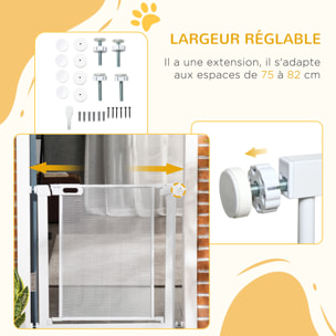 Barrière de sécurité animaux - longueur réglable dim. 75-82 cm - porte double verrouillage, ouverture double sens -sans perçage - acier ABS blanc