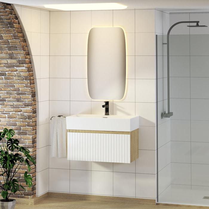 Conjunto de Baño Zel | Mueble Suspendido | 70 cm Blanco | Un Cajón | Lavabo Encastrado | No incluye Espejo | Mueble Montado| Alday