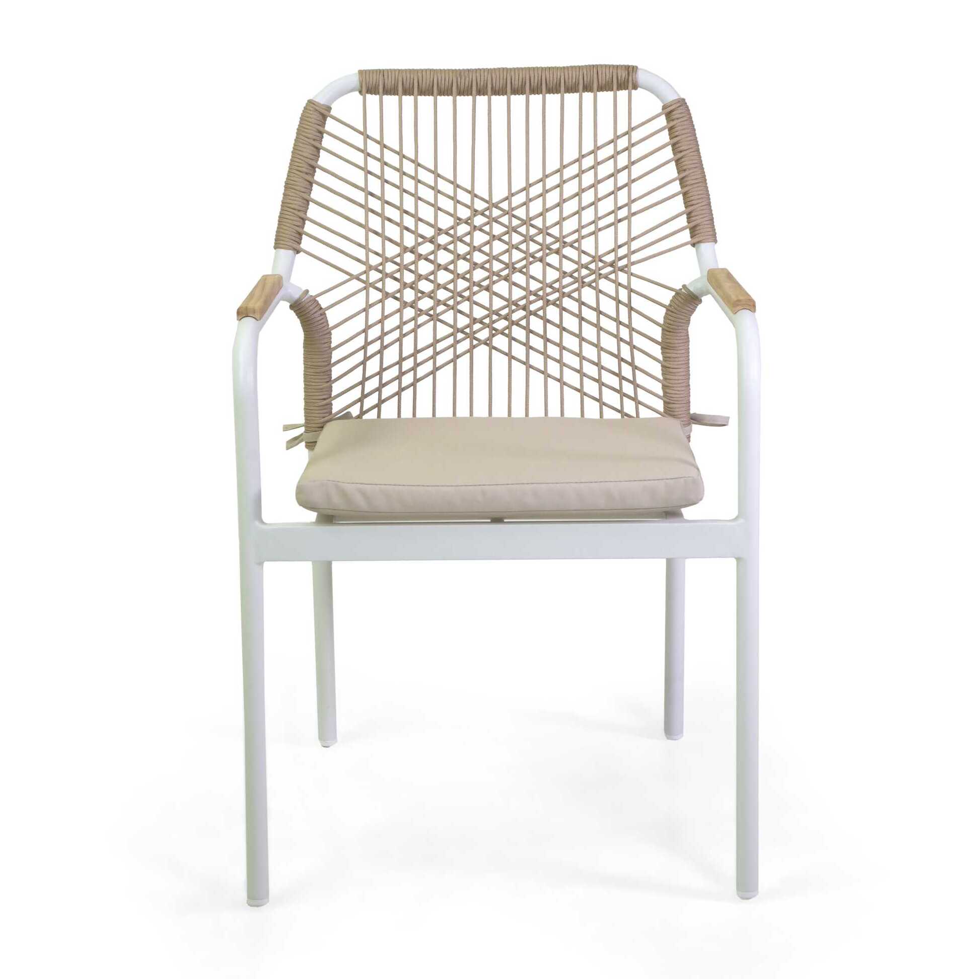 Poltrona Vacchetti Dean in alluminio bianco con corda e cuscino beige cm56x62h85