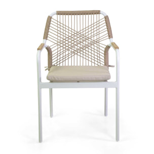 Poltrona Vacchetti Dean in alluminio bianco con corda e cuscino beige cm56x62h85