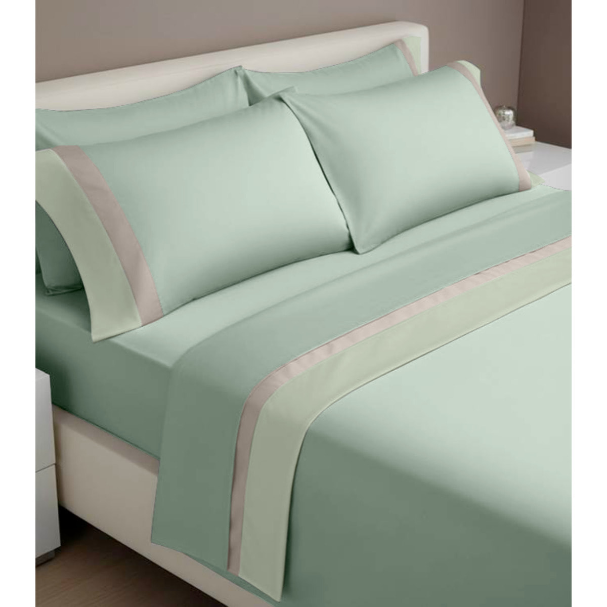 Completo letto doppia balza RASO IPERSAN Puro Cotone Verde/Panna fondo Salvia