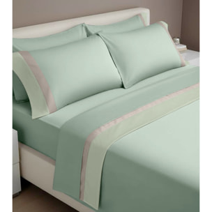 Completo letto doppia balza RASO IPERSAN Puro Cotone Verde/Panna fondo Salvia