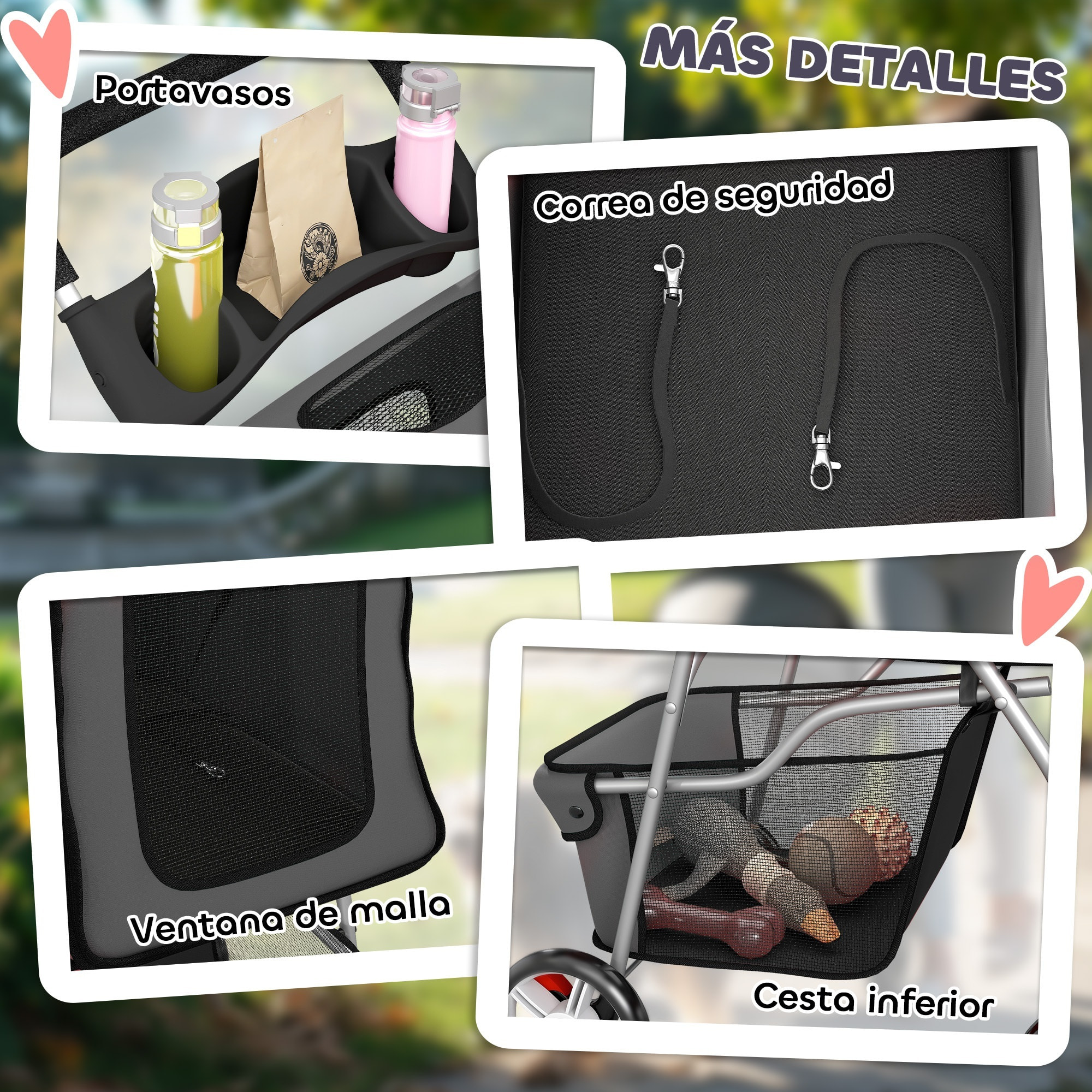 Carrito para Perros Plegable, Cochecito para Perros Pequeños con Cesta de Almacenaje, Ventanas de Malla, Portavasos, Ruedas de EVA, Cojín Lavable, Frenos, Carga 10 kg, 77x44x102 cm, Gris Oscuro