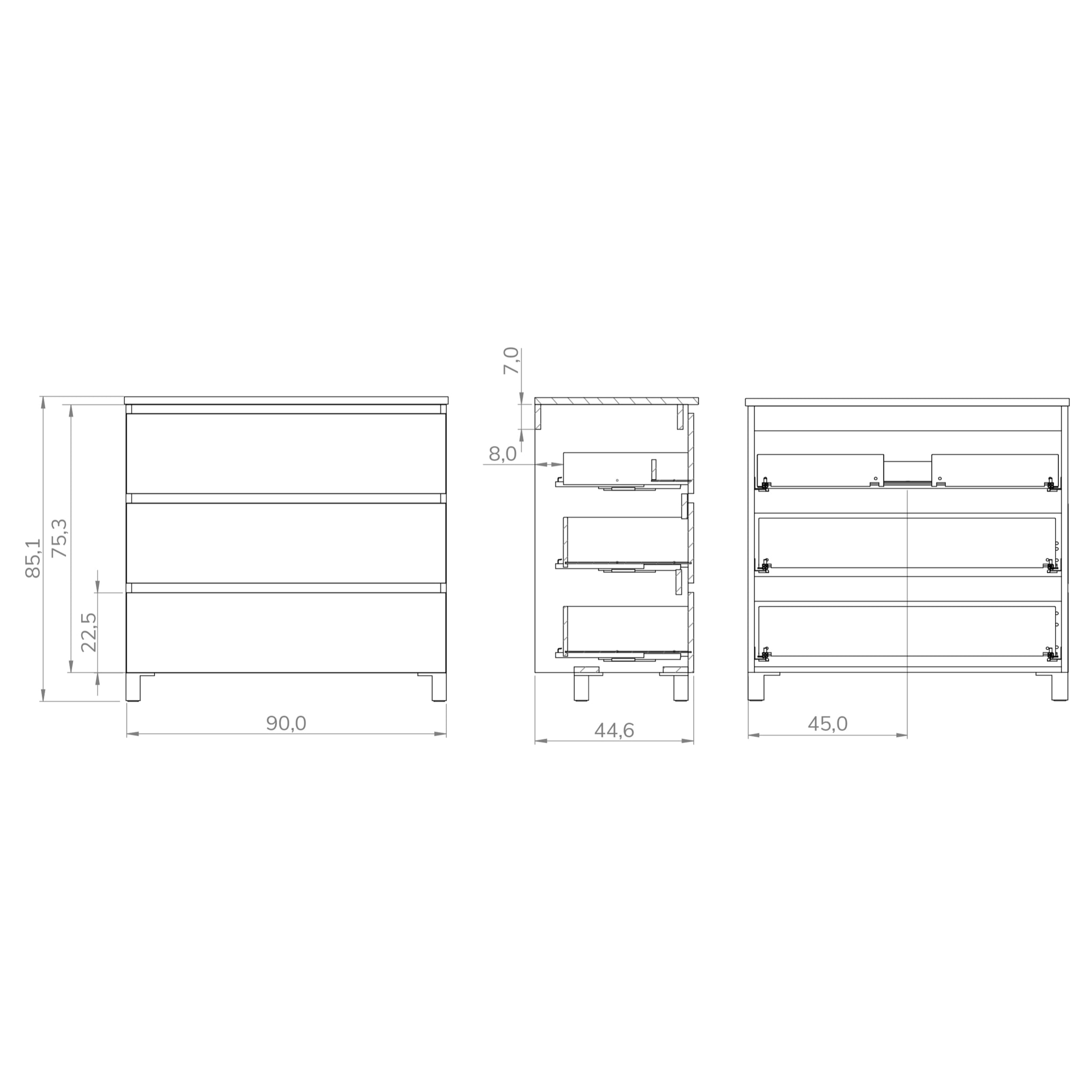 Conjunto de baño Wink | 90 cm Blanco Mate | Tres cajones | Lavabo encastrado | No incluye espejo | Mueble montado | Alday
