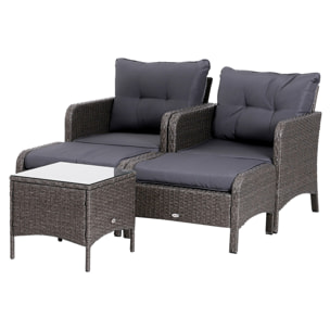 Outsunny Lot de 2 fauteuils de jardin grand confort repose-pied table basse résine tressée imitation rotin coussins gris