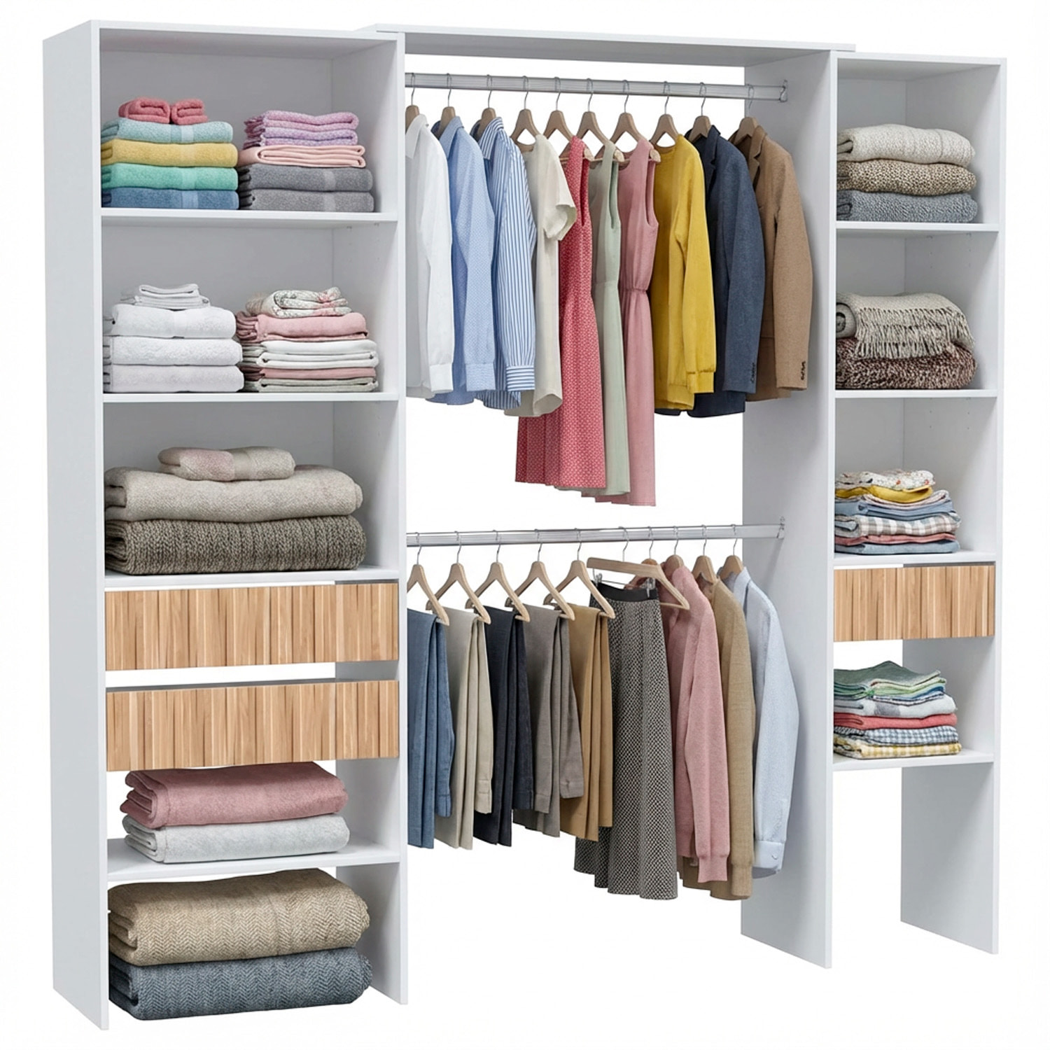 Armadio Guardaroba Aperto Con Ripiani Regolabili 3 Cassetti Doppio Appendiabiti In Alluminio Mobile Multiuso 190 x 187 x 40 Cm Bianco E Rovere Listato
