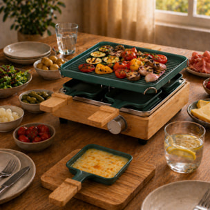 Appareil à raclette 4 personnes en aluminium bleu canard et bambou