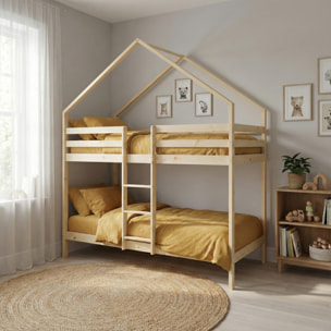 Lit enfant superposé cabane 90 x 190 cm pin naturel ROYA