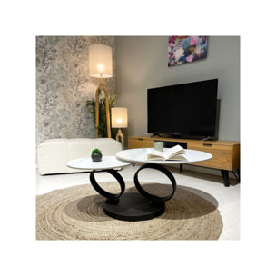 Table basse ronde plateaux en céramique marbré et pieds métal noir - URSULE