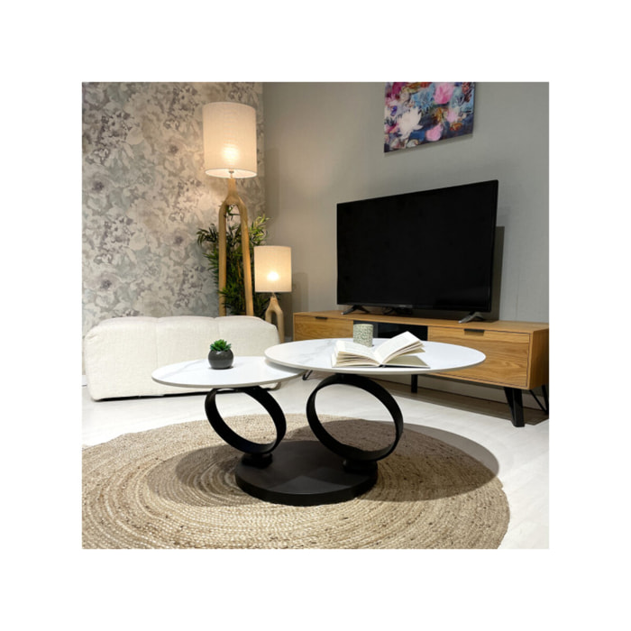 Table basse ronde plateaux en céramique marbré et pieds métal noir - URSULE
