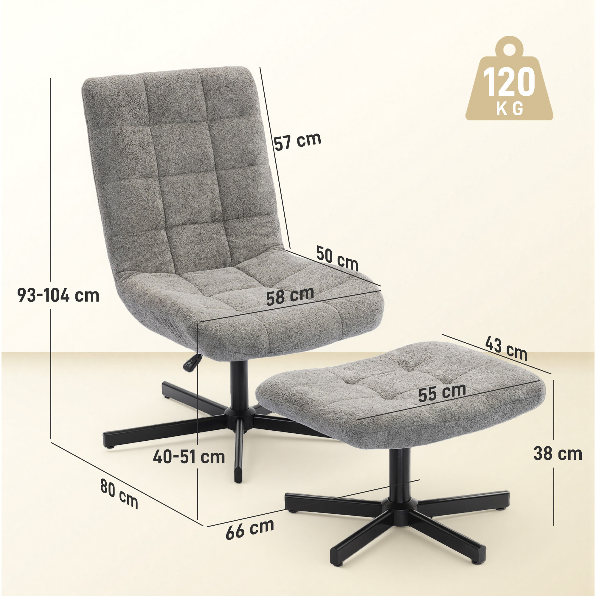 Fauteuil lounge inclinable pivotant avec repose-pieds métal noir tissu bouclé gris