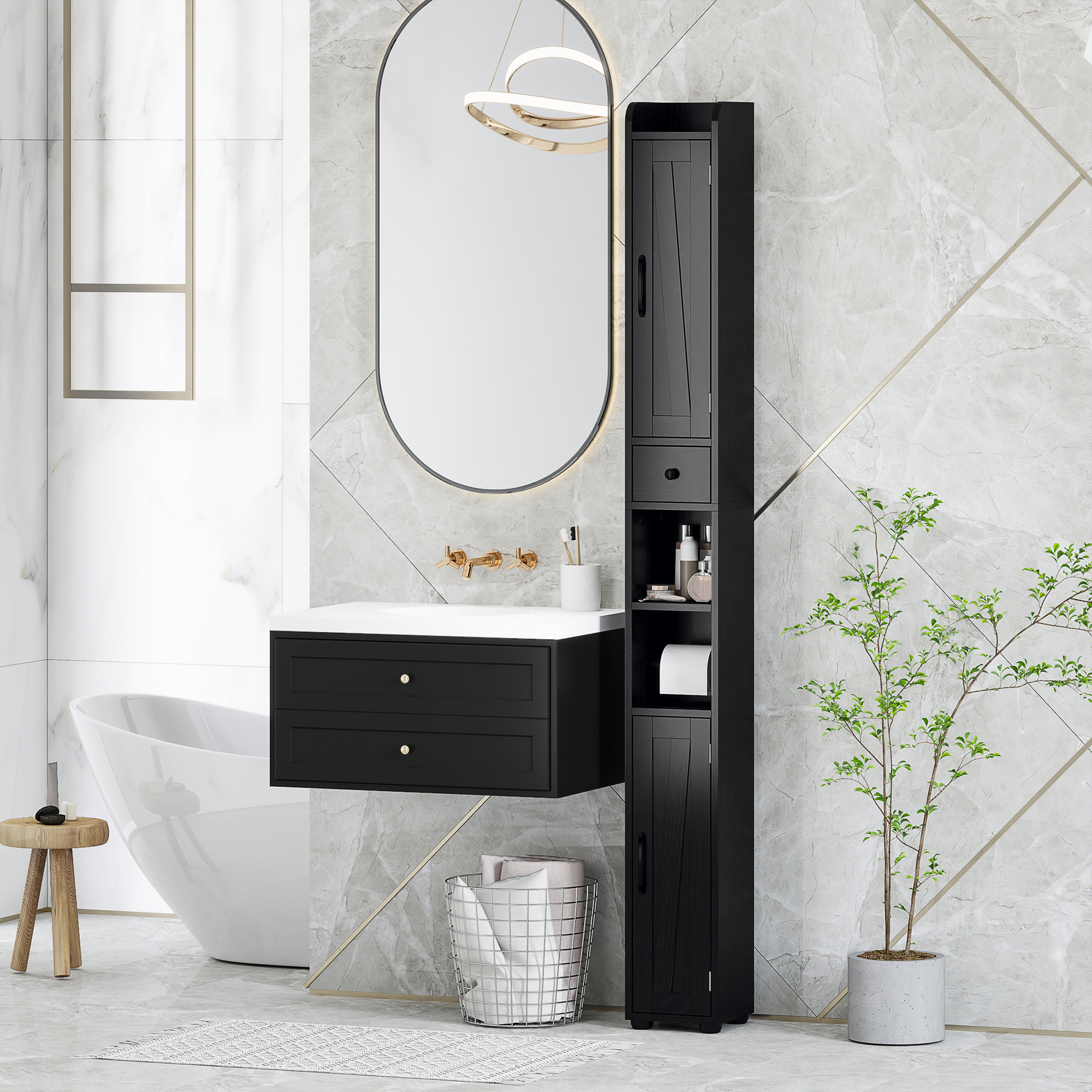 Columna de Baño Estrecha con 2 Puertas Armario Alto de Baño Rústico con Cajón Compartimento Abierto Estantes Ajustables y Portarrollos 20x20x185 cm Negro