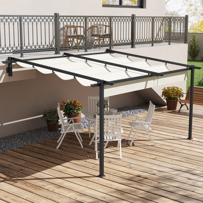 Pérgola de Pared 4x3 m Cenador de Jardín con Techo Retráctil de Poliéster y Marco de Acero para Celebraciones Fiestas Bodas Crema y Gris Oscuro