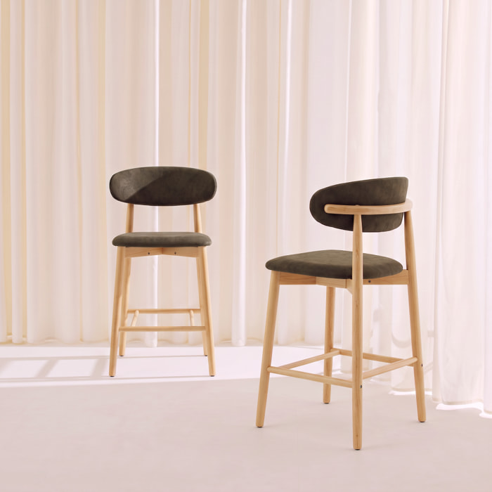 Tabouret de bar bois d'hévéa naturel et tissu chenille (lot de 2)  PAOLA