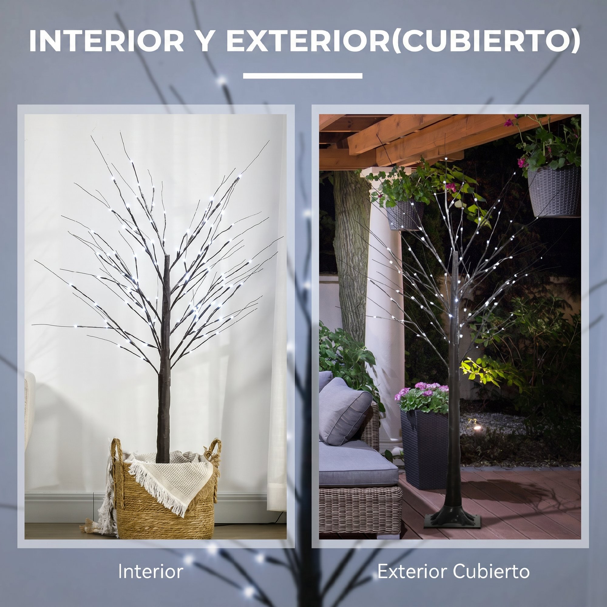 Árbol de Abedul Artificial 150 cm, Lámpara de Árbol con 96 Luces LED Blanco Frío, Nieve Falsa, Base Metálica, Decoración Navideña para Fiestas, Cumpleaños, Interiores, Marrón