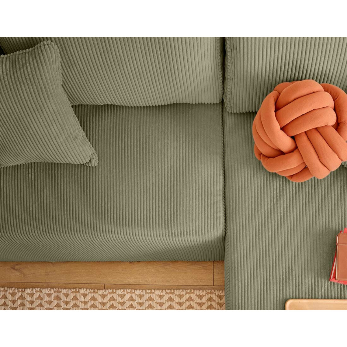 Topaze - canapé d'angle réversible 4 places - convertible avec coffre, tablette et poufs - en velours côtelé - Vert Kaki