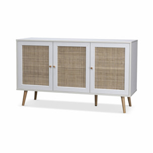 Buffet de rangement en cannage. blanc 120x39x70cm  - Bohème - 2 niveaux. 3 portes. pieds scandinaves. buffet bas