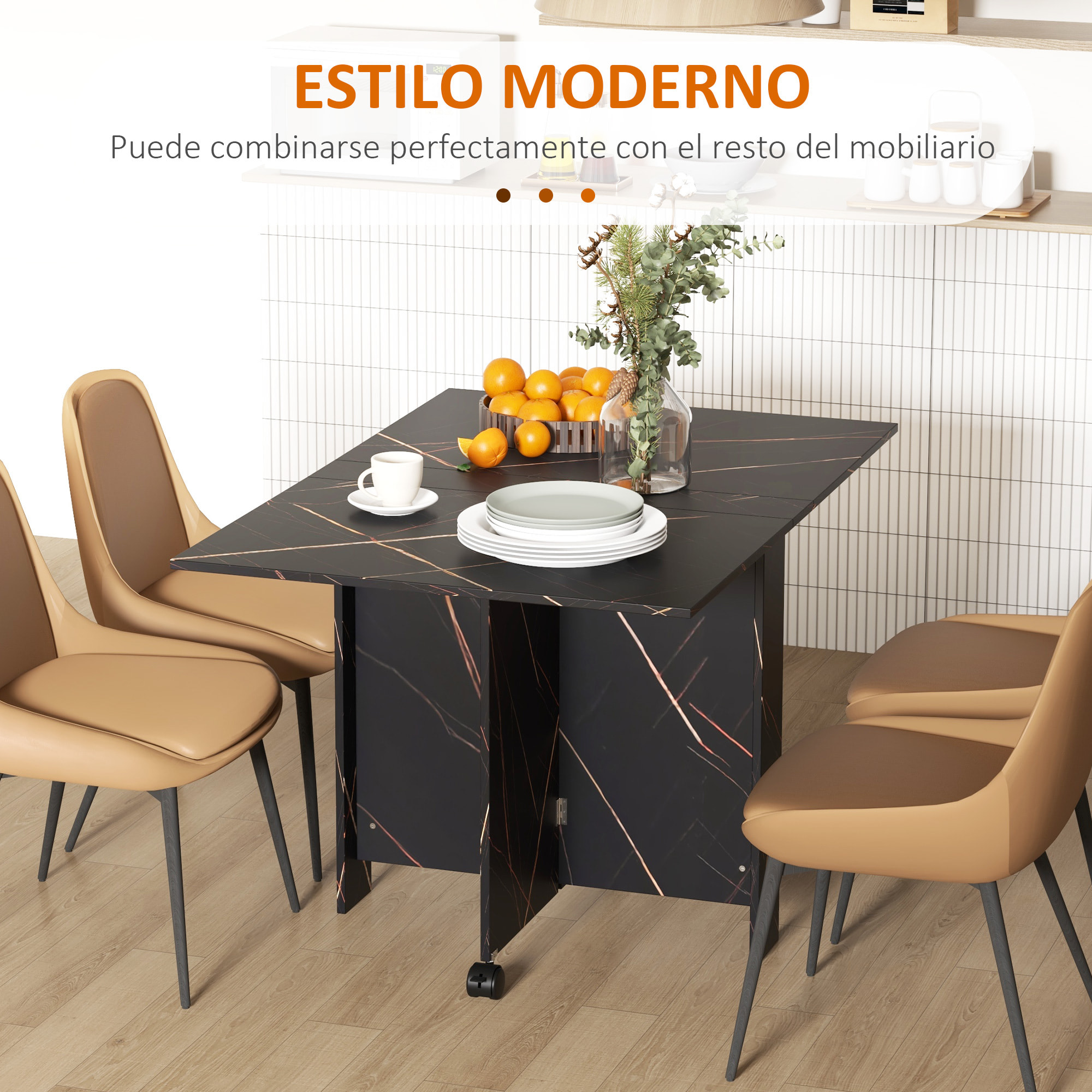 Mesa Plegable de Comedor, Mesa de Cocina Plegable, con Ruedas, Alas Abatibles, Hasta 6 Personas, para Salón, Espacio Pequeño, 120x80x73 cm, Negro con Efecto Mármol