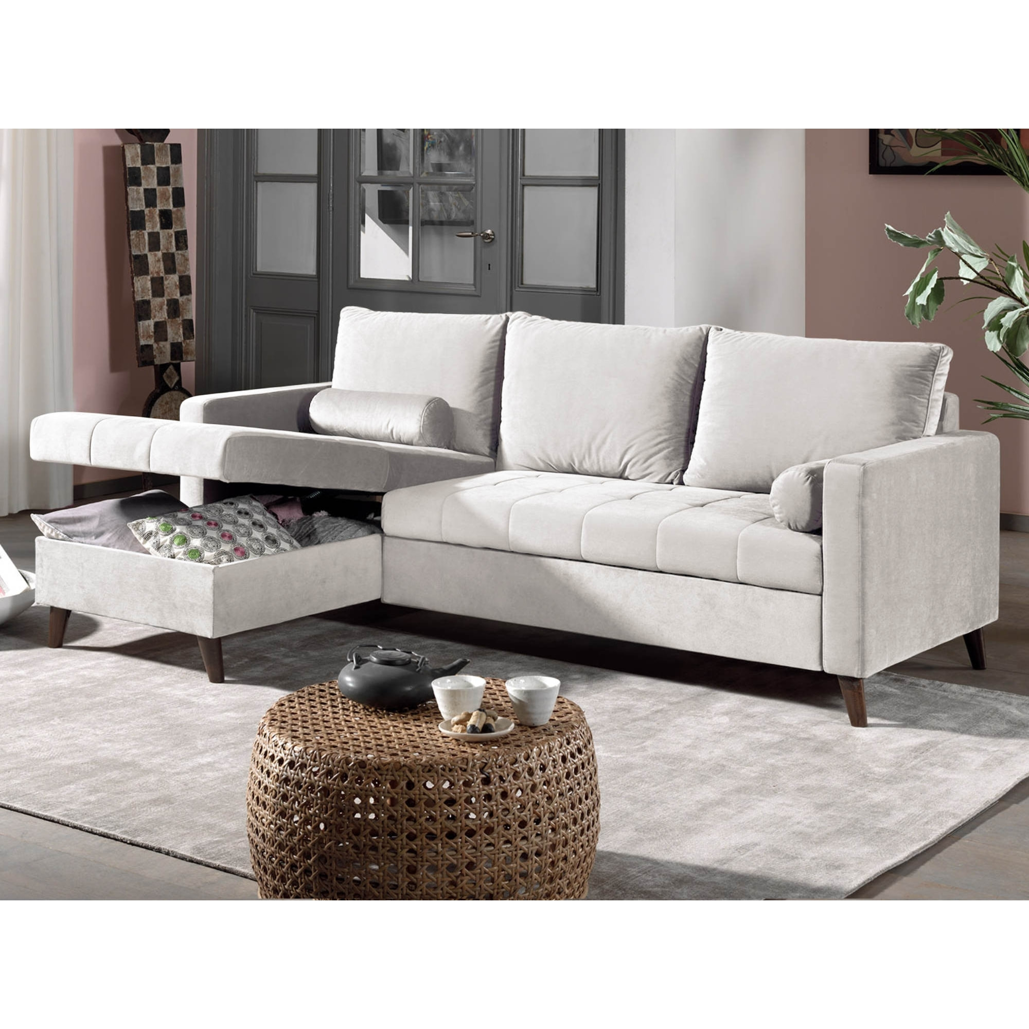 POLAR - Canapé d'angle réversible convertible - en velours au design scandinave - 4 places - Beige