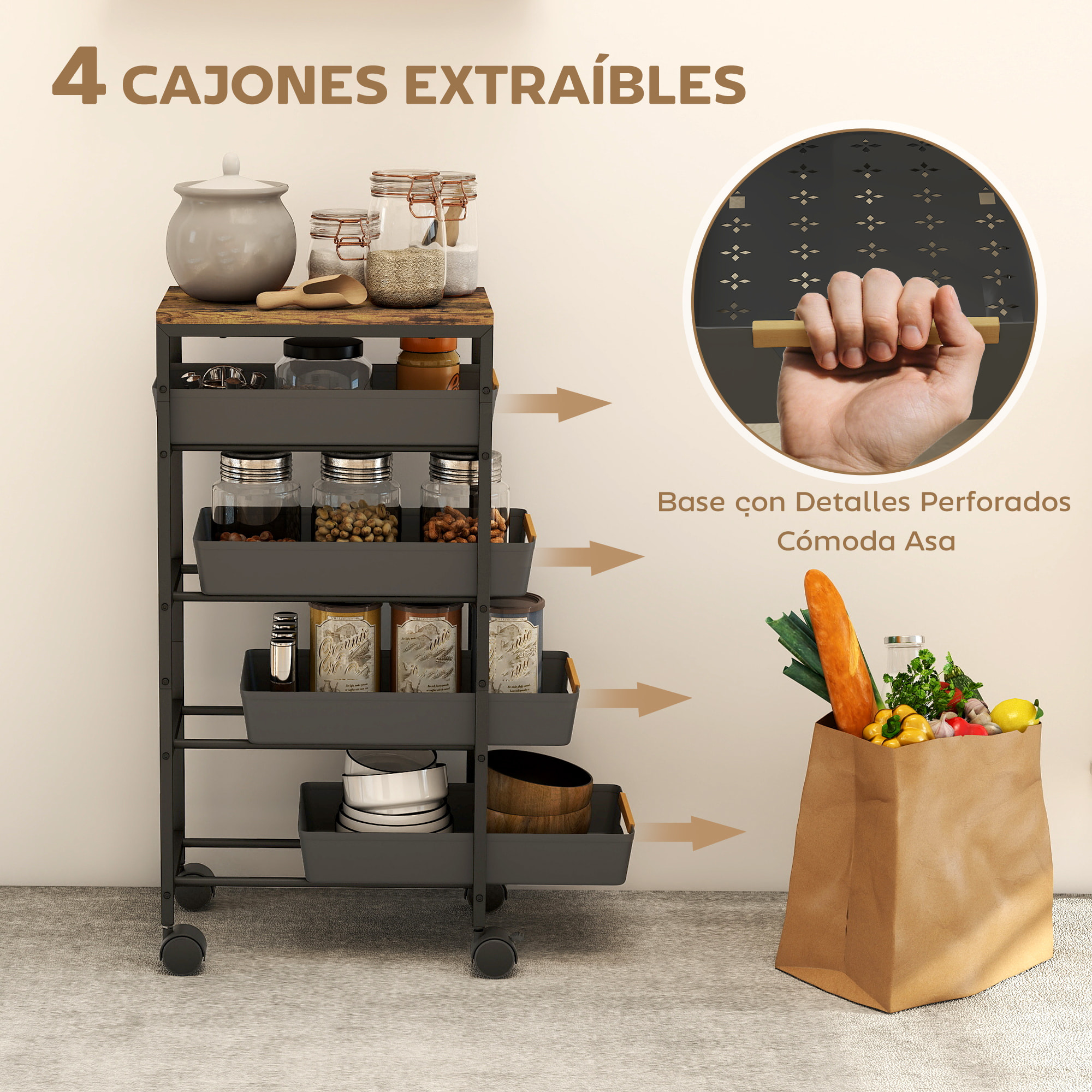 Carro de Cocina de Almacenamiento de 5 Niveles Carrito Auxiliar con Ruedas Tablero Efecto Madera y 4 Cajones Extraíbles Carrito de Cocina para Comedor Salón 39,5x24x82 cm Negro