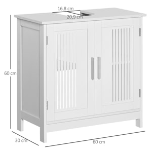 Meuble vasque - meuble sous-vasque - 2 portes rainurées avec étagère réglable - poignées alliage aluminium - dim. 60L x 30l x 60H cm - MDF blanc