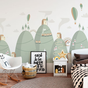 Stickers muraux enfants - Décoration chambre bébé - Autocollant Sticker mural géant enfant montagnes scandinaves MONTGOLFIÈRES DANS LA VILLE