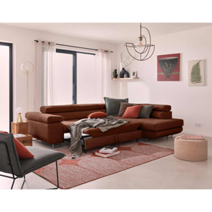 Zaria - canapé d'angle droit - convertible avec coffre et têtières réglables - 5 places - en velours côtelé - Terracotta