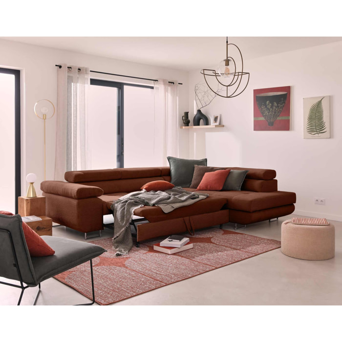 Zaria - canapé d'angle droit - convertible avec coffre et têtières réglables - 5 places - en velours côtelé - Terracotta