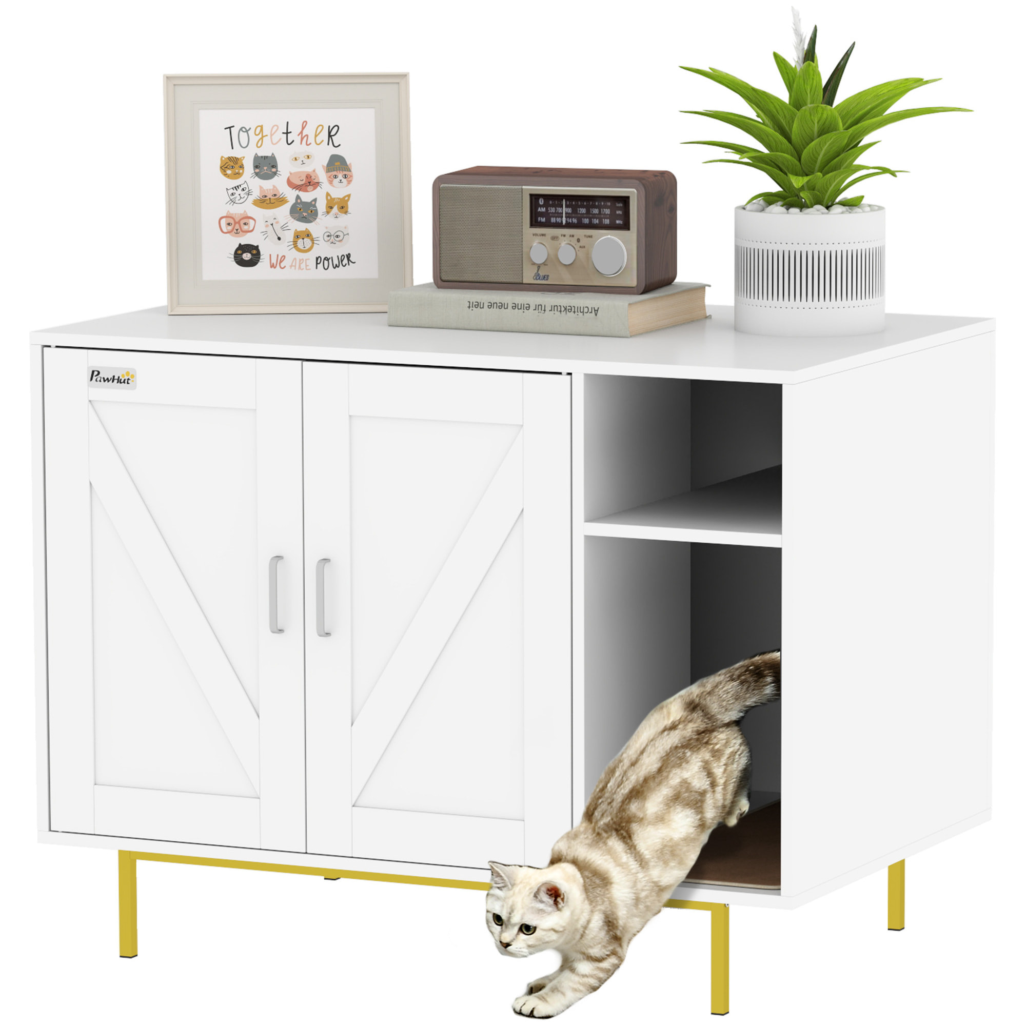 Mueble Arenero para Gatos Caja de Arena para Gatos con Almohadilla para Rascar y Compartimento de Almacenaje Arenero para Gatos para Salón Dormitorio 80x50x61 cm Blanco